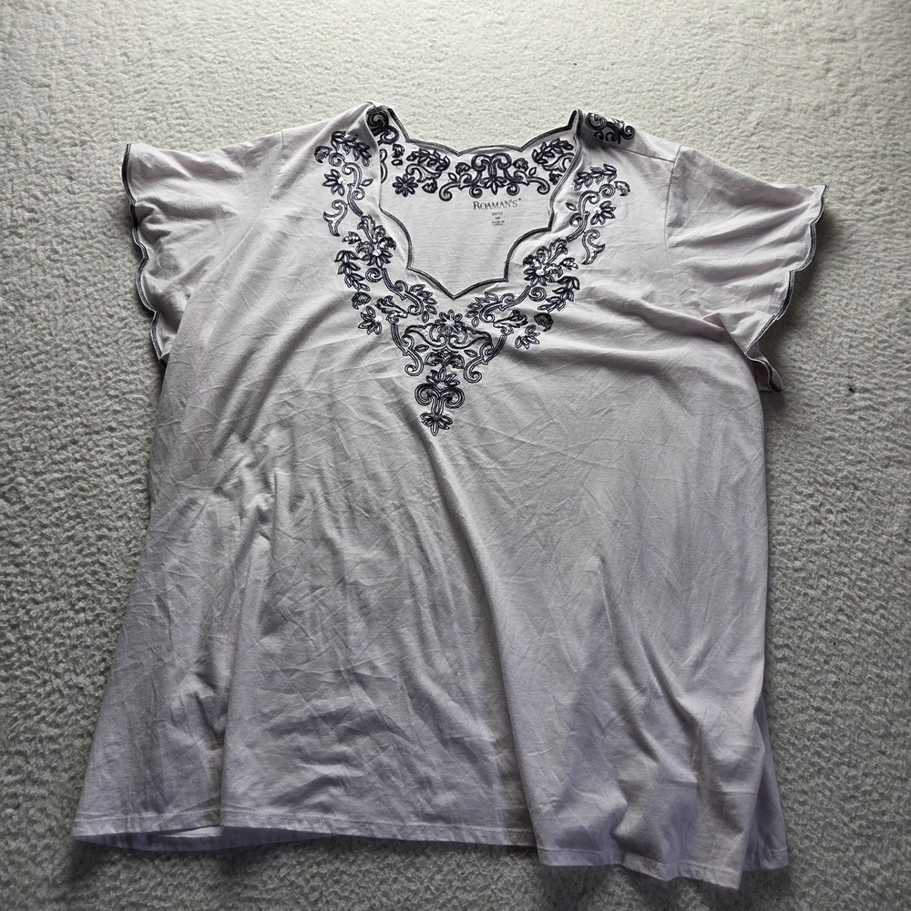 Roaman's Shirt Womens Plus 30/32 White V Neck Flutter Sleeve Embroidered Tunic